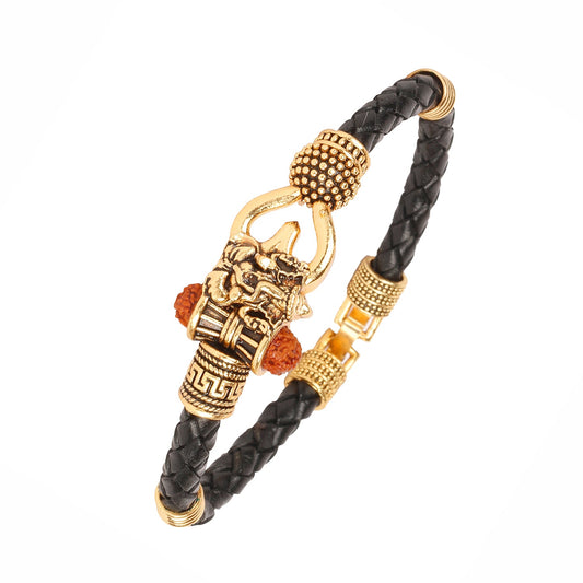 Gold Healing and Powerful Rudraksha Damru Trishul Shiva Adjustable Leather Bracelet for Men (SJ_3321)