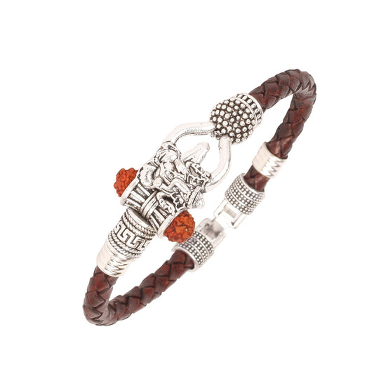 Silver Healing and Powerful Rudraksha Damru Trishul Shiva Adjustable Leather Bracelet for Men (SJ_3322)