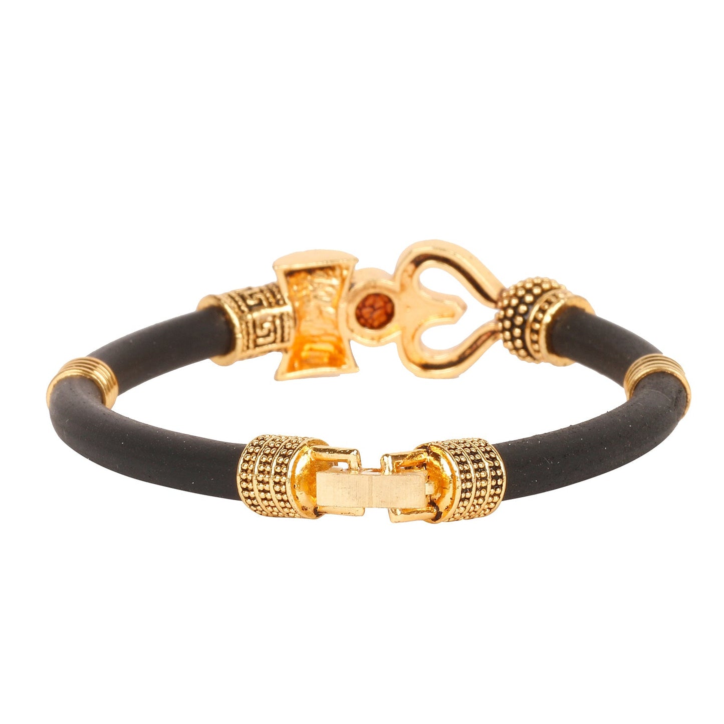 Gold Healing and Powerful Rudraksha Damru Trishul Shiva Adjustable Leather Bracelet for Men (SJ_3323)