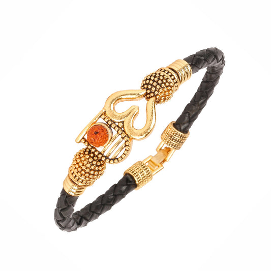 Gold Healing and Powerful Rudraksha Damru Trishul Shiva Adjustable Leather Bracelet for Men (SJ_3325)