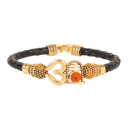 Gold Healing and Powerful Rudraksha Damru Trishul Shiva Adjustable Leather Bracelet for Men (SJ_3325)