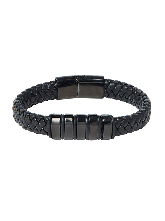 Braided Designer Stainless Steel and Leather Bracelet for Men, Boys Black (SJ_3342_BK)
