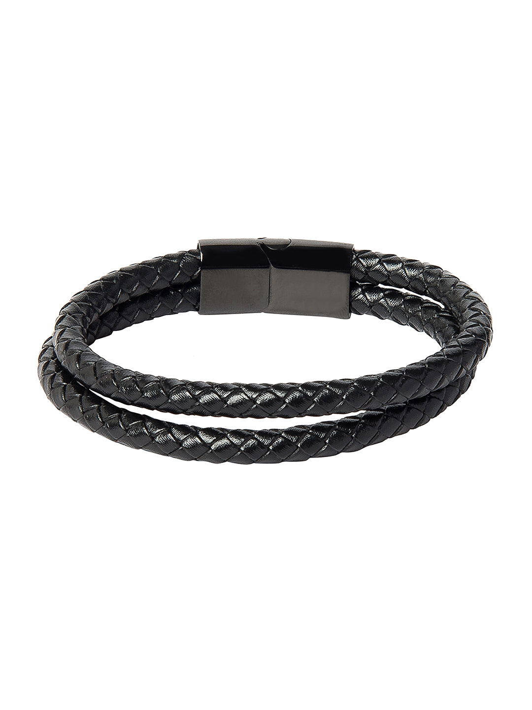 Men's Stainless Steel Black Leather Bracelet Hand-Braided - SSLB141
