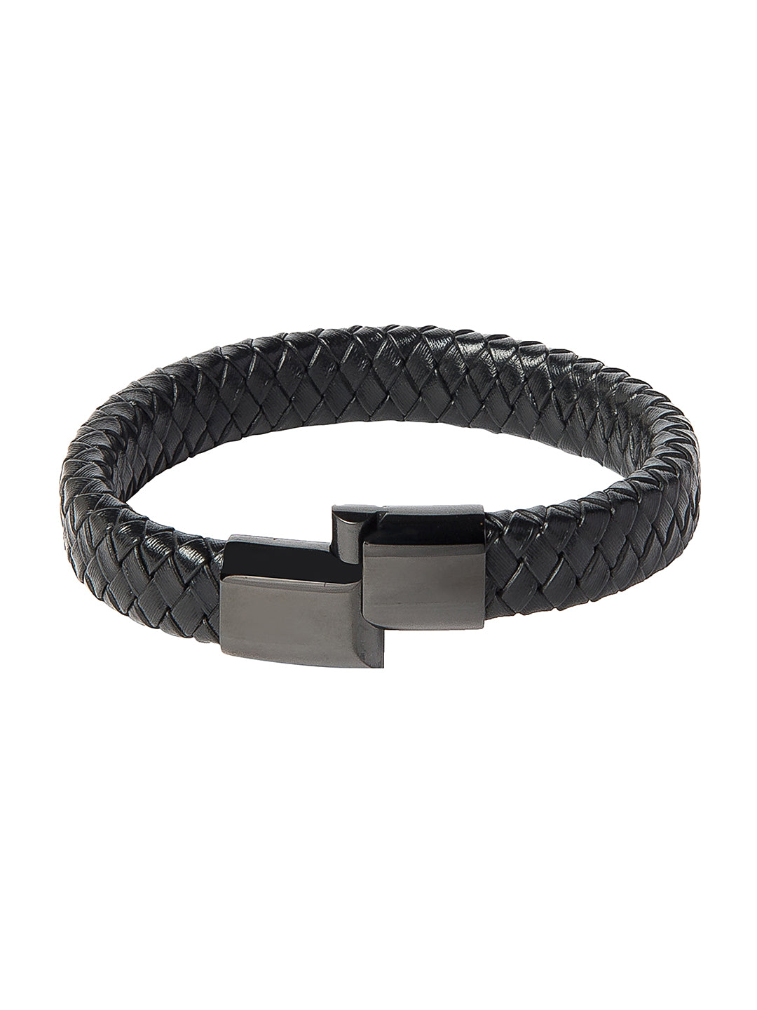 Braided Designer Stainless Steel and Leather Bracelet for Men, Boys Black (SJ_3352_BK) | Shining Jewel