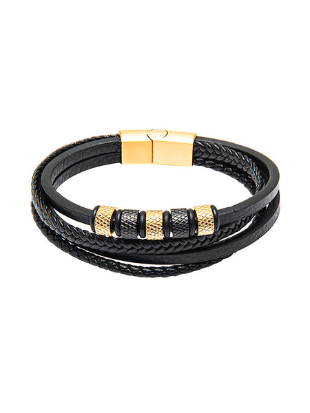 Amazon.com: COOLSTEELANDBEYOND Mens Large Braided Leather Bracelet with  Steel Gold Color Lion and Black Genuine Leather Straps: Clothing, Shoes &  Jewelry