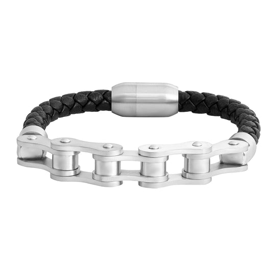 Bicker Chain Design Stainless Steel Braided Leather Bracelet for Men , Boys (SJ_3522_S)