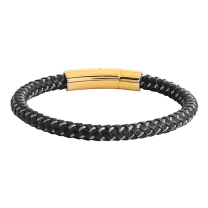 Black Braided Genuine Leather Bracelet Set for Men with Gold and Silver Tone Magnetic Clasps - SJLB_08