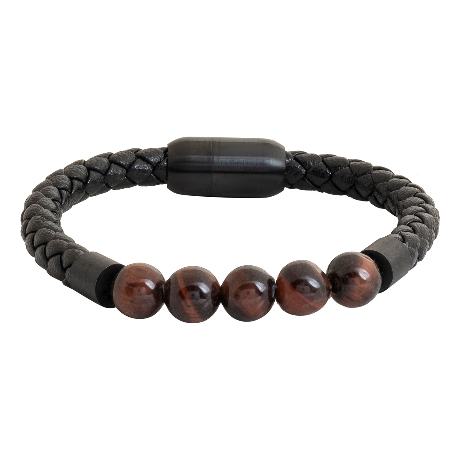 Braided Brown Beads Design Stainless Steel Black Leather Bracelet