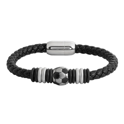 Braided Foot Ball Design Stainless Steel Black Leather Bracelet for Men, Boys (SJ_3537_BK)