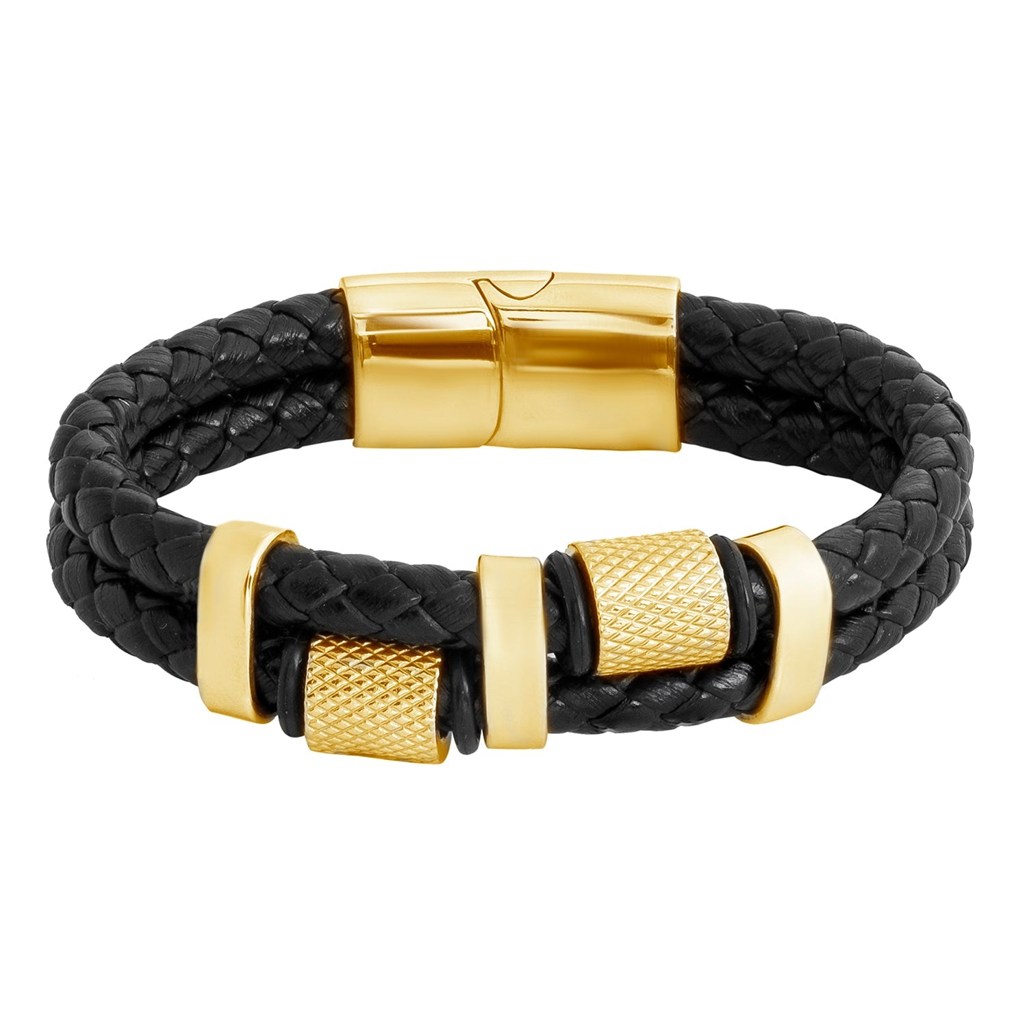 Men's Black Leather & Gold tone Steel Bangle Bracelet Personalized  Engraving #34