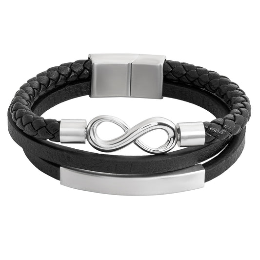 Multilayer Braided Infinity Design Stainless Steel Black Leather Bracelet for Men, Boys (SJ_3541)