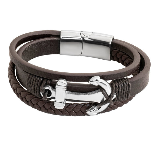 Multilayer Braided Anchor Design Stainless Steel Brown Leather Bracelet for Men, Boys (SJ_3545)