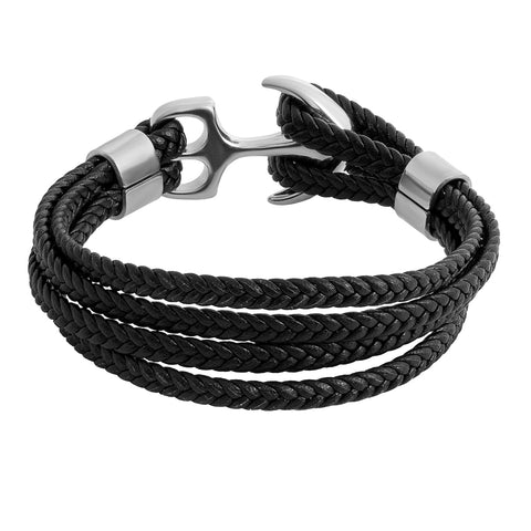 Arista Men's Anchor Bracelet with Adjustable Strap in Black Leather Black  Plated Stainless Steel, 8.5