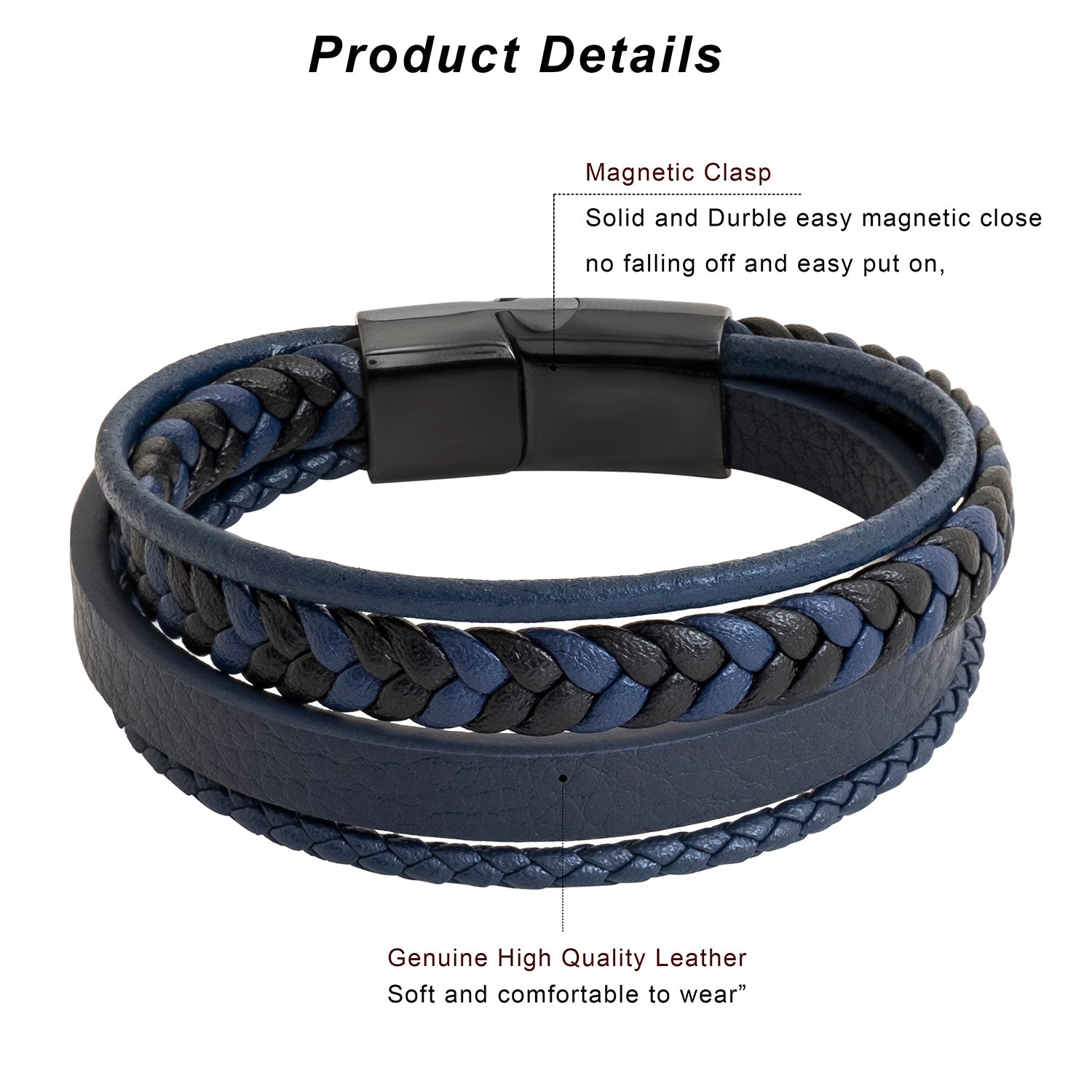 Multilayer Black Leather Bracelet With Stainless Steel Magnetic Clasp »  Band And Bracelets
