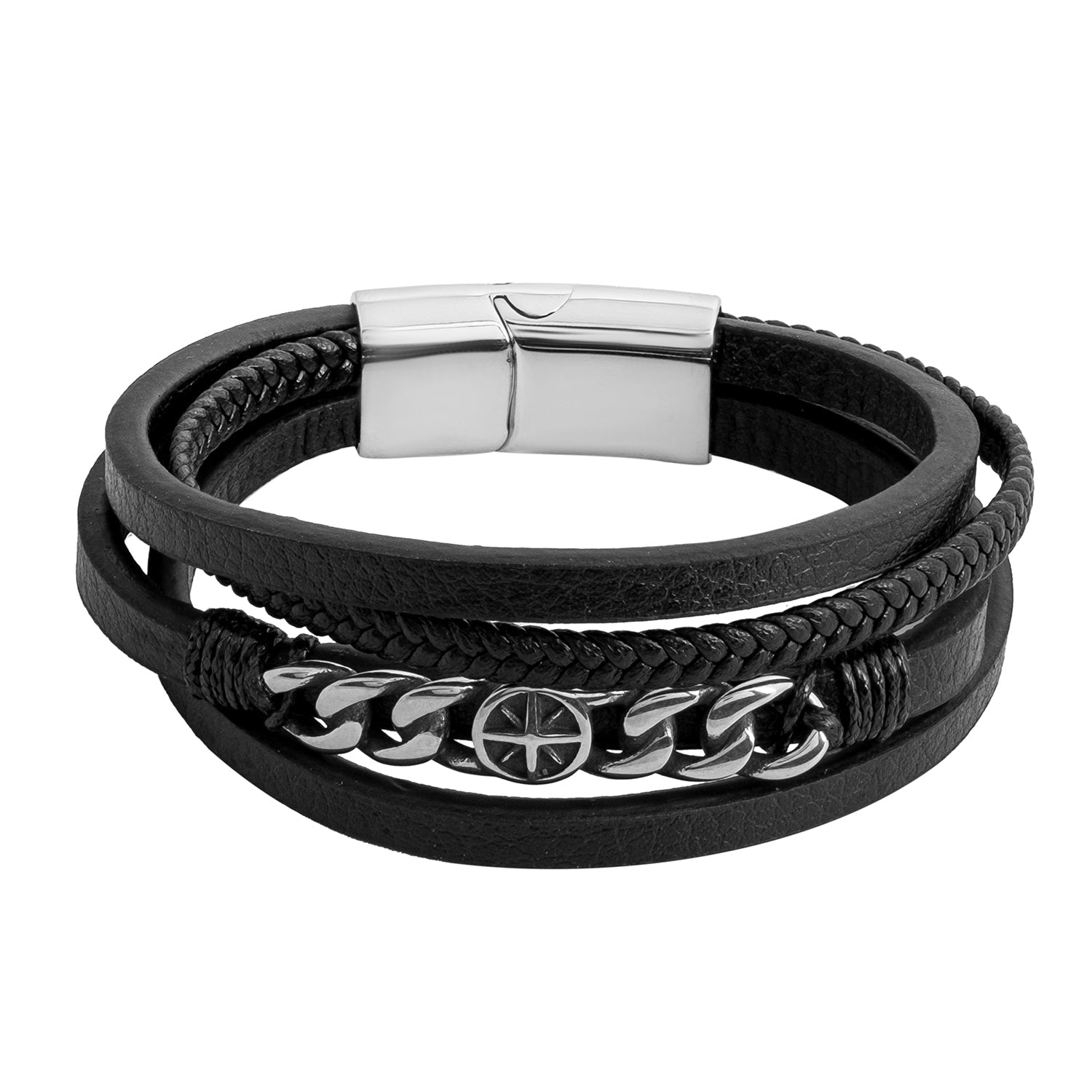 Braided Design Stainless Steel and Multilayer Leather Bracelet for