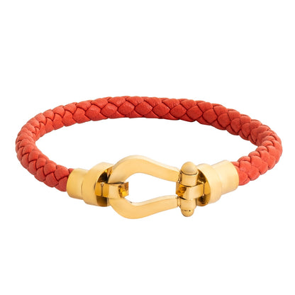 Red Braided Genuine Leather Bracelet Set for Men with Gold and Silver Tone Magnetic Clasps - SJLB_07