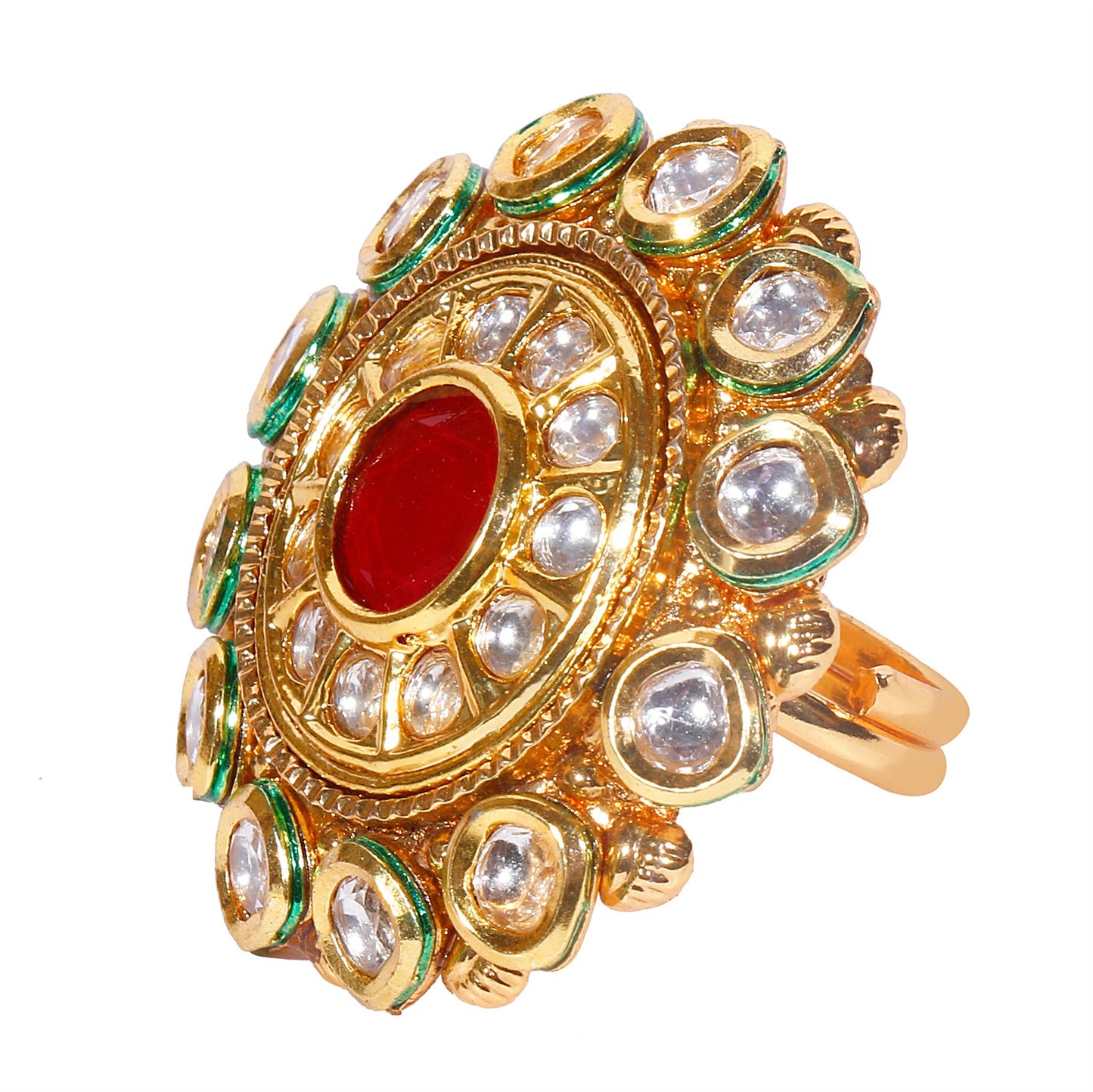 Shiining Jewel 18K Gold Plated Pure Copper Kundan, LCT, Pearls and CZ studded Traditonal Big Oversized Finger Ring for Women (SJ_4251)
