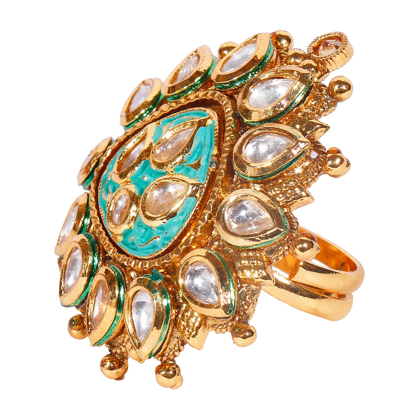 Shiining Jewel 18K Gold Plated Pure Copper Kundan, LCT, Pearls and CZ studded Traditonal Big Oversized Finger Ring for Women (SJ_4253)