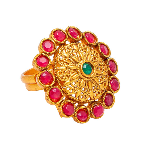 Gold Plated Kundan, LCT, Pearls and CZ studded Traditional Big Oversized Finger Ring for Women (SJ_4255)