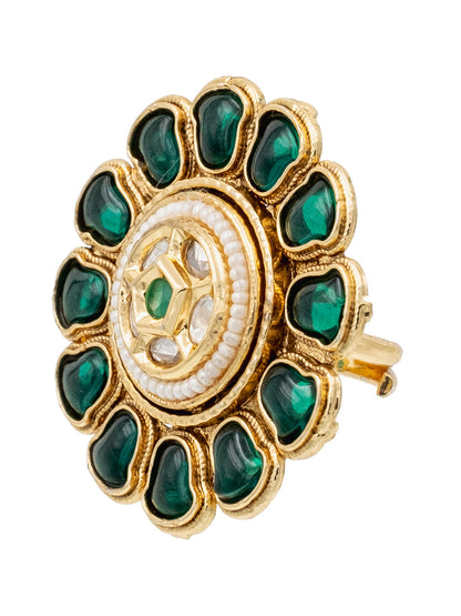 Traditional Indian Gold Plated Pure Copper Kundan, Pearls and CZ studded Large Sized Finger Ring for Women (SJ_4257_G)