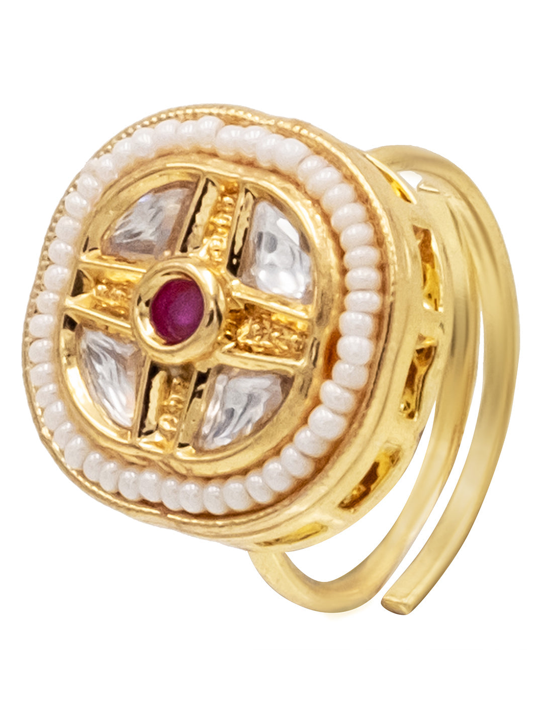 Traditional Indian Gold Plated Pure Copper Kundan, Pearls and CZ studded Small Design Finger Ring for Women (SJ_4262_M)