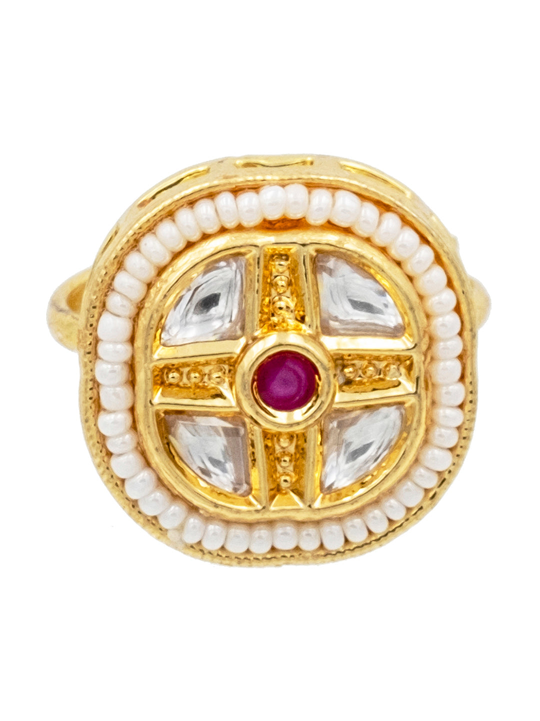 Traditional Indian Gold Plated Pure Copper Kundan, Pearls and CZ studded Small Design Finger Ring for Women (SJ_4262_M)