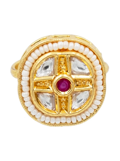 Traditional Indian Gold Plated Pure Copper Kundan, Pearls and CZ studded Small Design Finger Ring for Women (SJ_4262_M)