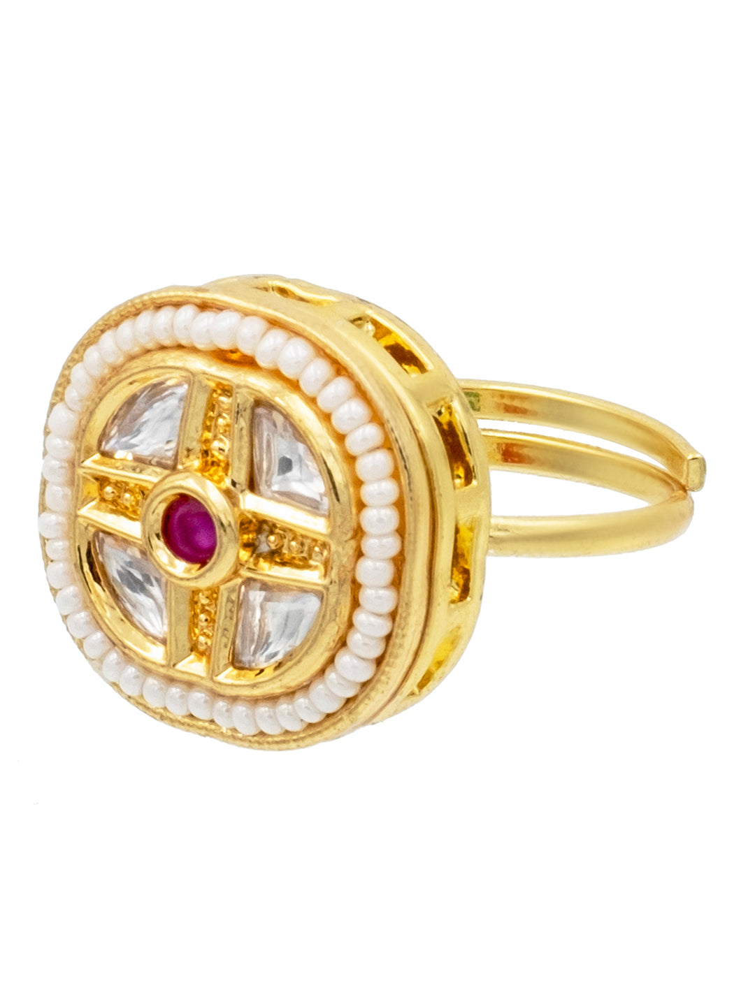 Traditional Indian Gold Plated Pure Copper Kundan, Pearls and CZ studded Small Design Finger Ring for Women (SJ_4262_M)