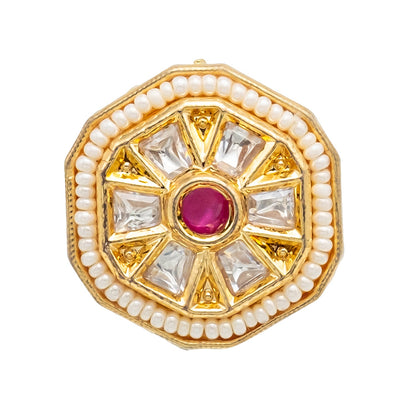Traditional Indian Gold Plated Kundan,Polki,CZ,Pearls And Crystal Studded Bridal Stud Finger Ring For wome - Maroon (SJE_4263_M)
