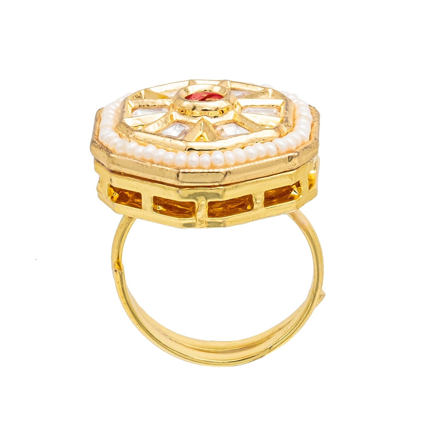 Traditional Indian Gold Plated Kundan,Polki,CZ,Pearls And Crystal Studded Bridal Stud Finger Ring For wome - Maroon (SJE_4263_M)