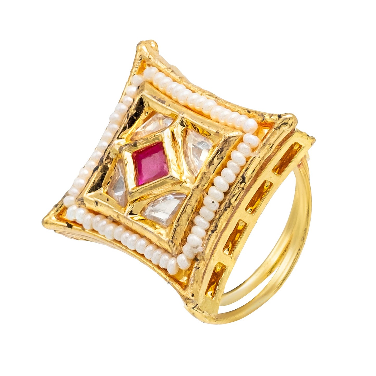 Traditional Indian Gold Plated Kundan,Polki,CZ,Pearls And Crystal Studded Bridal Stud Finger Ring For women - Maroon (SJE_4264_M)