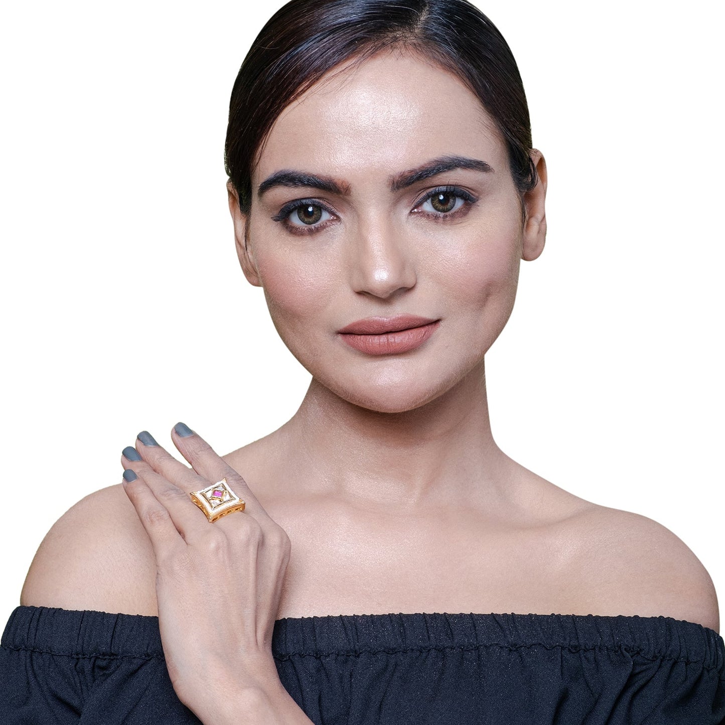 Traditional Indian Gold Plated Kundan,Polki,CZ,Pearls And Crystal Studded Bridal Stud Finger Ring For women - Maroon (SJE_4264_M)