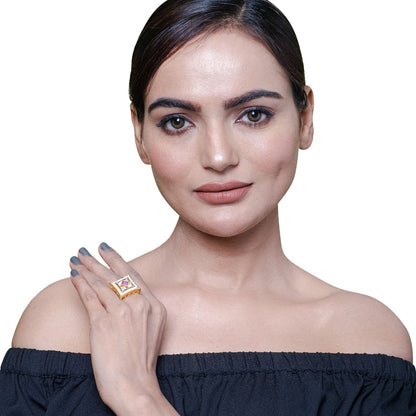 Traditional Indian Gold Plated Kundan,Polki,CZ,Pearls And Crystal Studded Bridal Stud Finger Ring For women - Maroon (SJE_4264_M)
