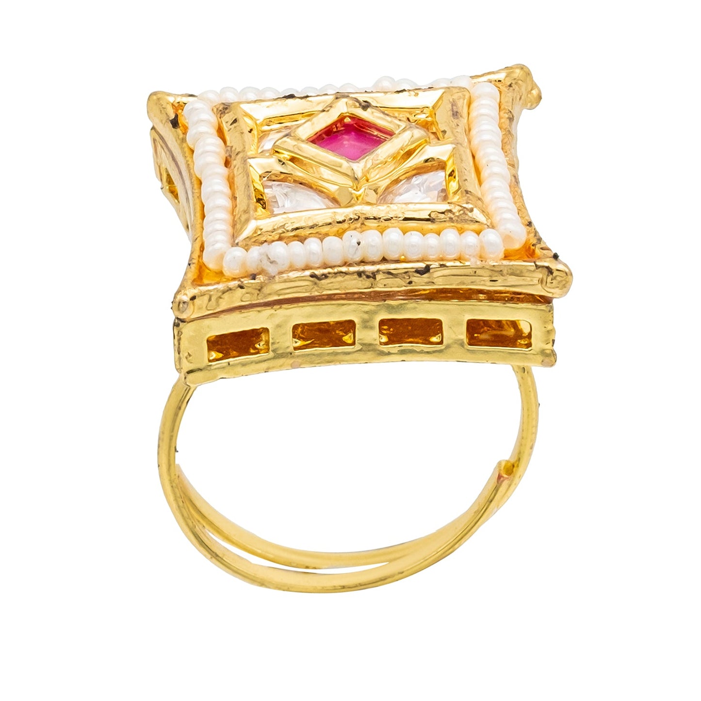 Traditional Indian Gold Plated Kundan,Polki,CZ,Pearls And Crystal Studded Bridal Stud Finger Ring For women - Maroon (SJE_4264_M)