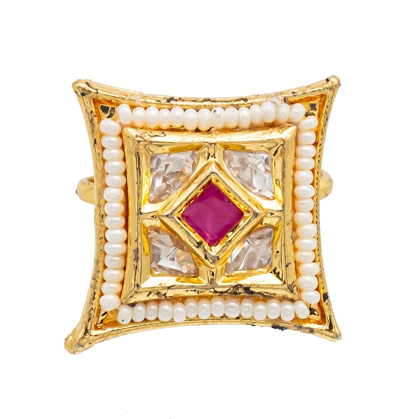 Traditional Indian Gold Plated Kundan,Polki,CZ,Pearls And Crystal Studded Bridal Stud Finger Ring For women - Maroon (SJE_4264_M)