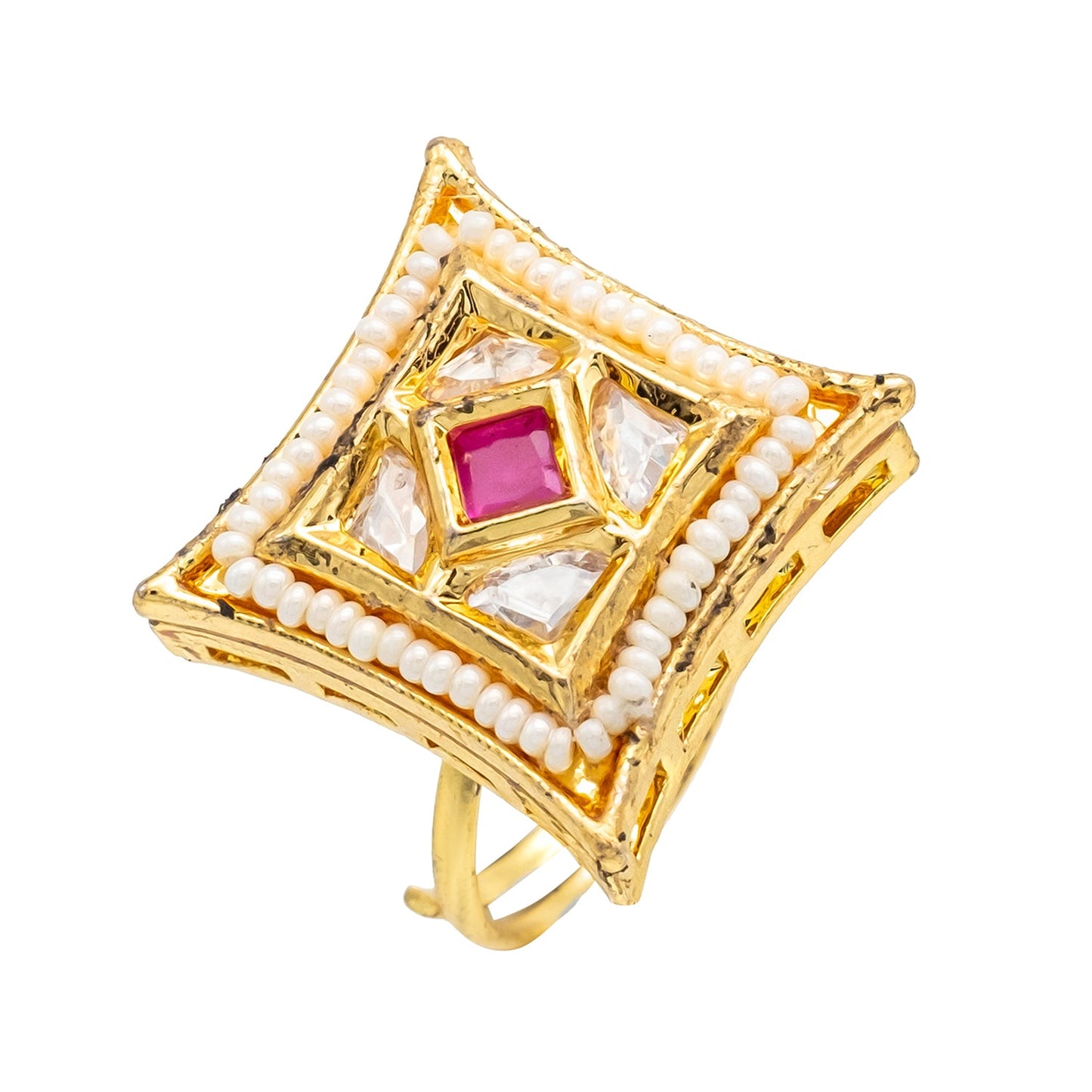 Traditional Indian Gold Plated Kundan,Polki,CZ,Pearls And Crystal Studded Bridal Stud Finger Ring For women - Maroon (SJE_4264_M)