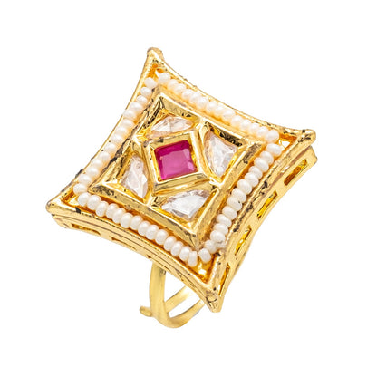 Traditional Indian Gold Plated Kundan,Polki,CZ,Pearls And Crystal Studded Bridal Stud Finger Ring For women - Maroon (SJE_4264_M)