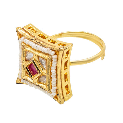 Traditional Indian Gold Plated Kundan,Polki,CZ,Pearls And Crystal Studded Bridal Stud Finger Ring For women - Maroon (SJE_4264_M)