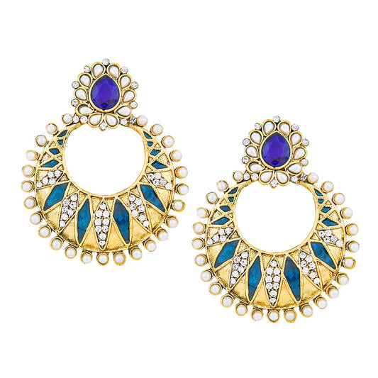 Traditional Hyderabadi Chandbali Earring With Blue & Silver Crystals And Pearls (SJ_463)