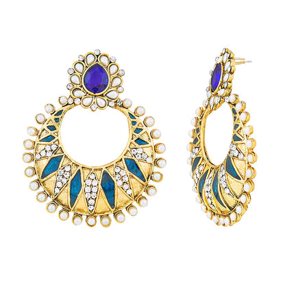 Traditional Hyderabadi Chandbali Earring With Blue & Silver Crystals And Pearls (SJ_463)