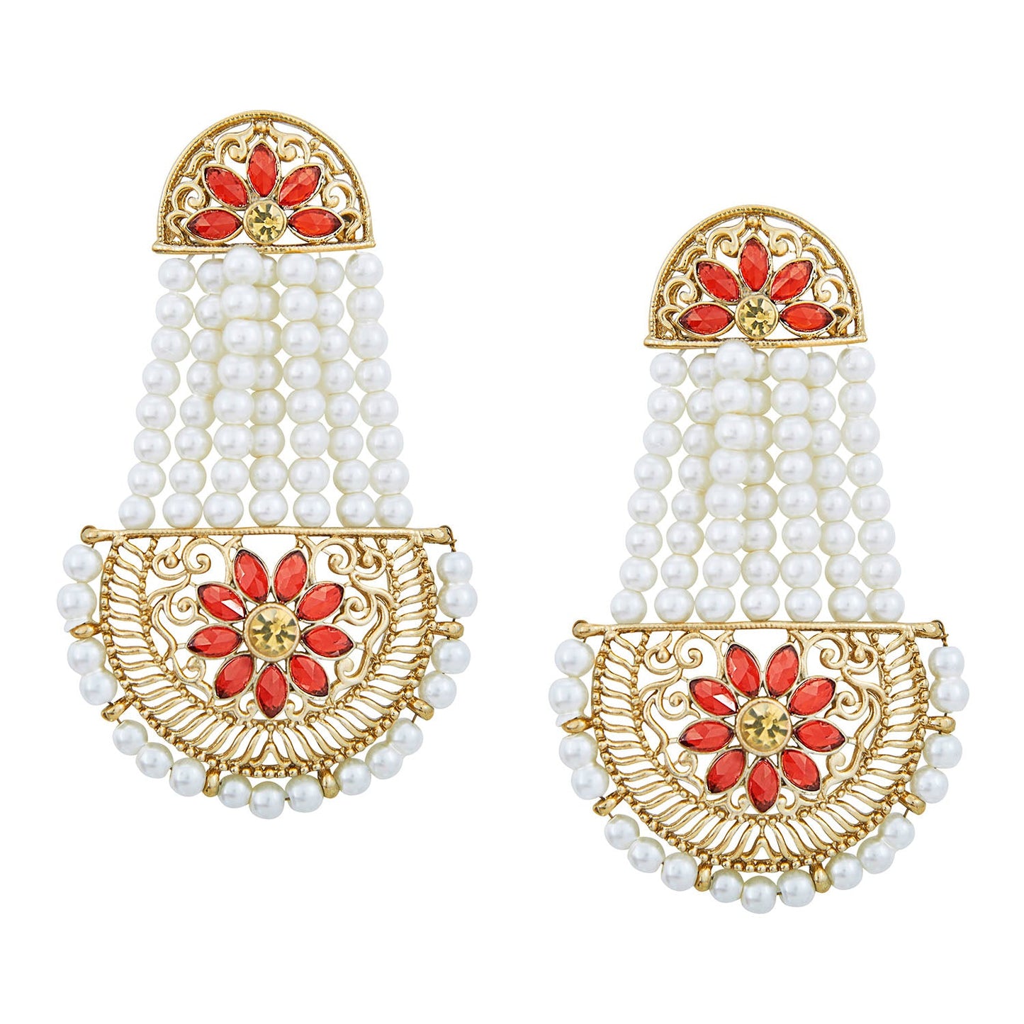 Traditional Hyderabadi Chandbali Earring With Red Crystals And Pearls (SJ_467)