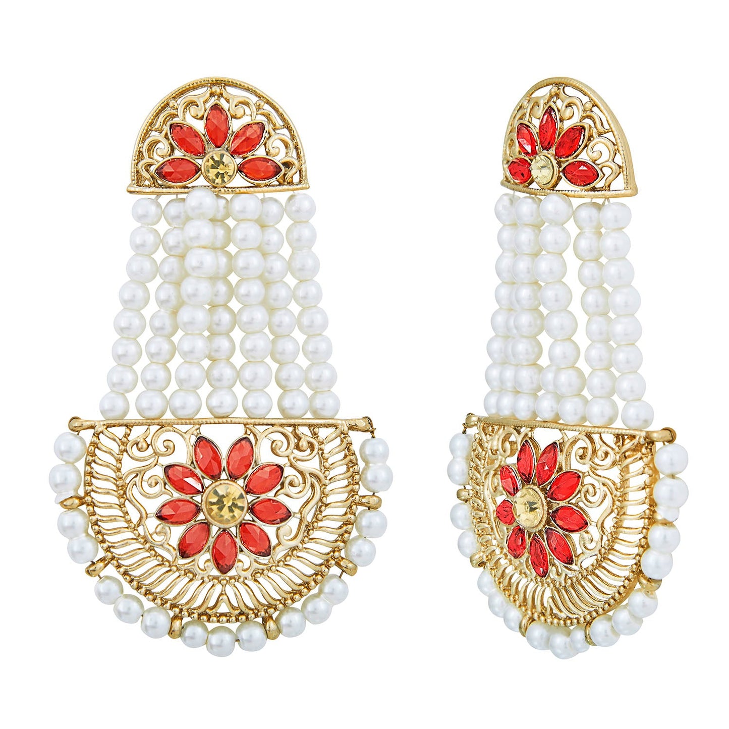 Traditional Hyderabadi Chandbali Earring With Red Crystals And Pearls (SJ_467)