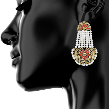 Traditional Hyderabadi Chandbali Earring With Red Crystals And Pearls (SJ_467)