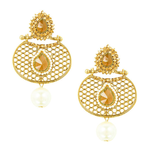 Traditional Ethnic And Fancy Drop Earring With Champagne Crystals And Pearls (SJ_507)