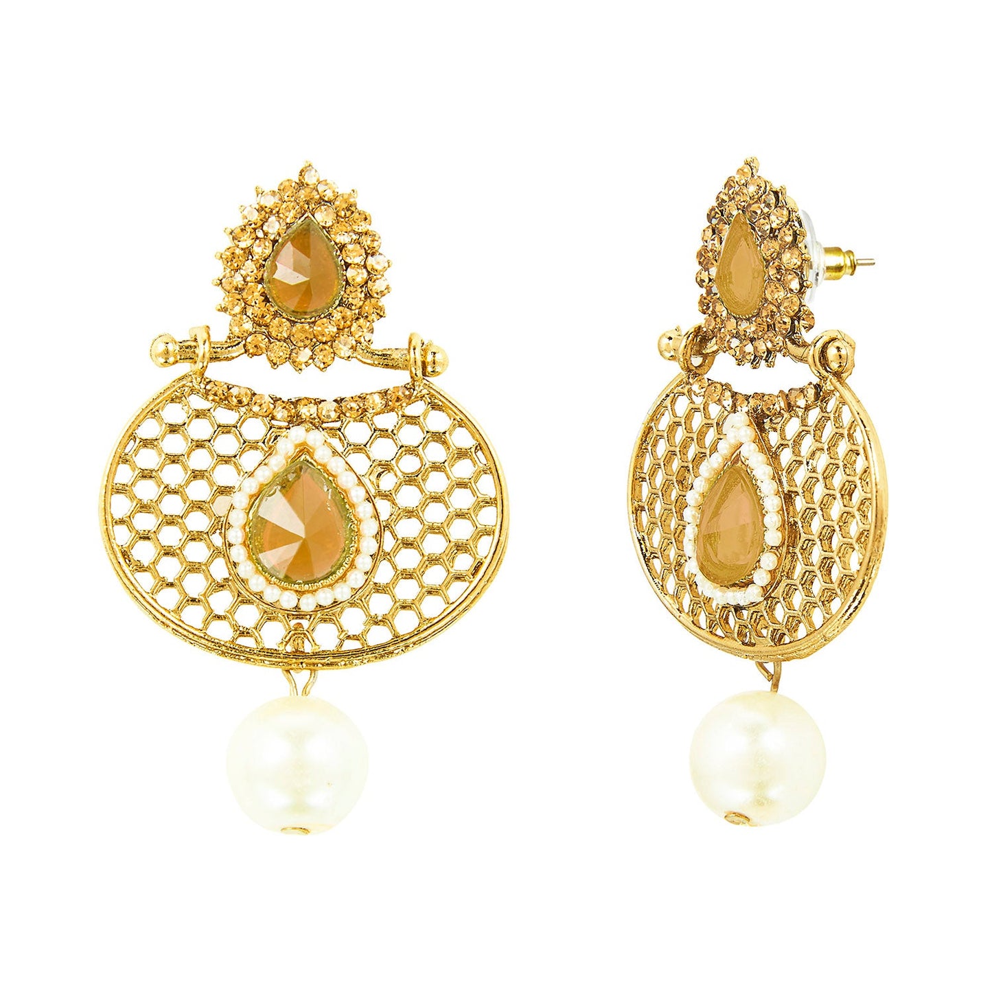 Traditional Ethnic And Fancy Drop Earring With Champagne Crystals And Pearls (SJ_507)