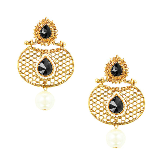 Traditional Ethnic And Fancy Drop Earring With Black  & Champagne Crystals And Pearls (SJ_509)