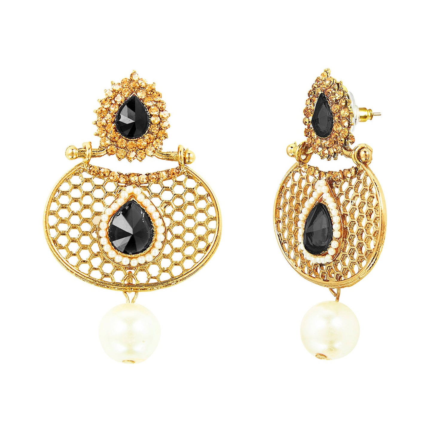 Traditional Ethnic And Fancy Drop Earring With Black  & Champagne Crystals And Pearls (SJ_509)