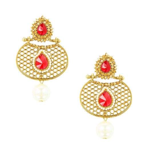 Traditional Ethnic And Fancy Drop Earring With Red  & Champagne Crystals And Pearls (SJ_510)