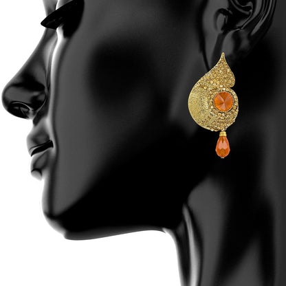 Traditional Ethnic And Fancy Drop Earring With Orange & Champagne Crystals (SJ_512)