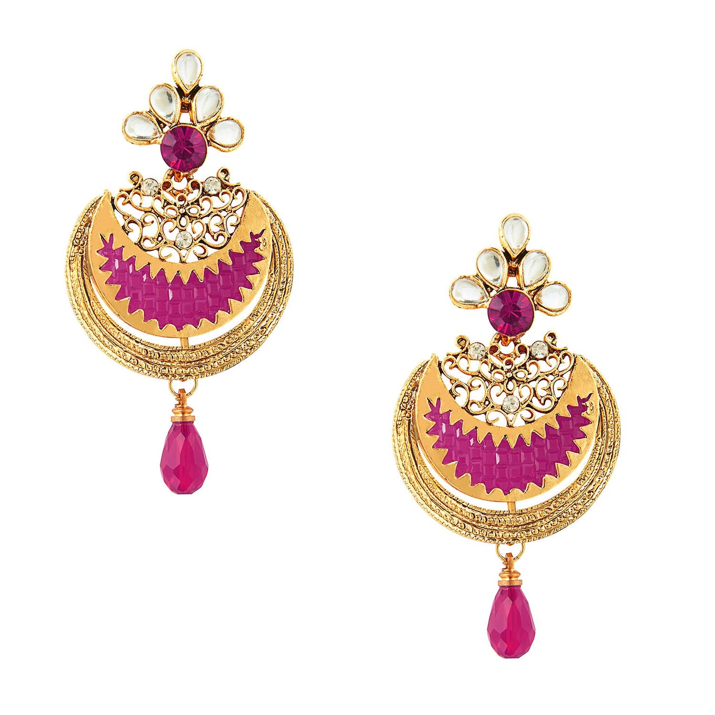 Traditional Hyderabadi Chandbali Earring With Pink Crystals And Pearls  (SJ_537)